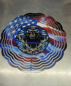 Thin Blue Line, Skull, American Flag Wind Spinner 8 x 8 Free Shipping