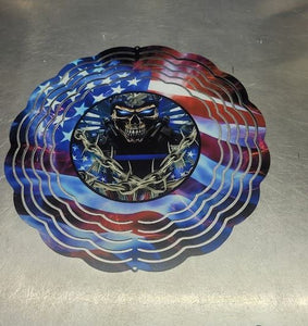Thin Blue Line, Skull, American Flag Wind Spinner 8 x 8 Free Shipping