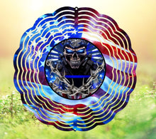 Thin Blue Line, Skull, American Flag Wind Spinner 8 x 8 Free Shipping
