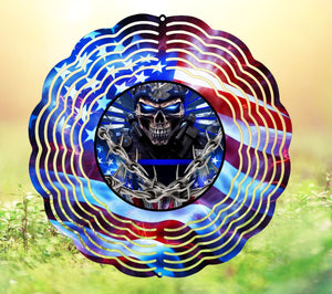 Thin Blue Line, Skull, American Flag Wind Spinner 8 x 8 Free Shipping