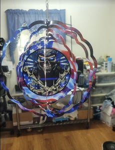 Thin Blue Line, Skull, American Flag Wind Spinner 8 x 8 Free Shipping